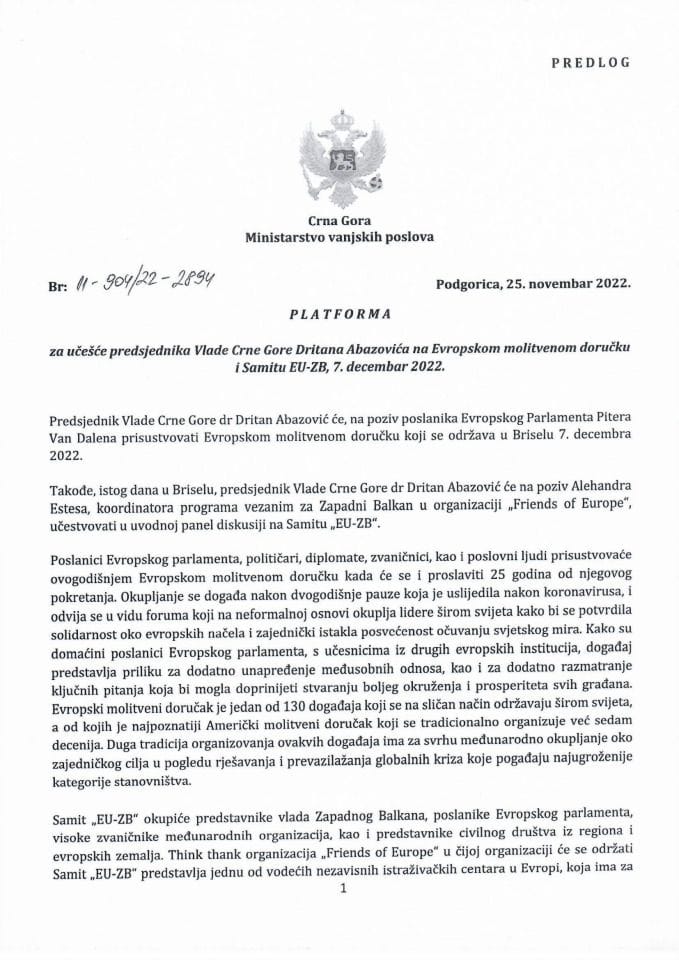 Predlog platforme za učešće predsjednika Vlade dr Dritana Abazovića na Evropskom molitvenom doručku i Samitu EU-ZB, Brisel, 7. decembar 2022. godine