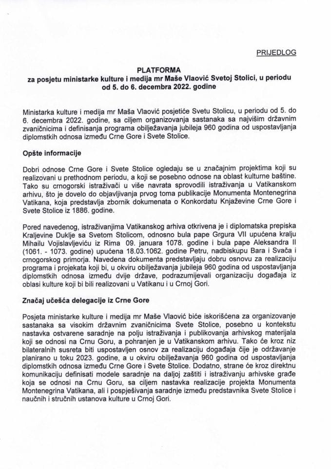 Предлог платформе за посјету министарке културе и медија мр Маше Влаовић Светој Столици, у периоду од 5. до 6. децембра 2022. године
