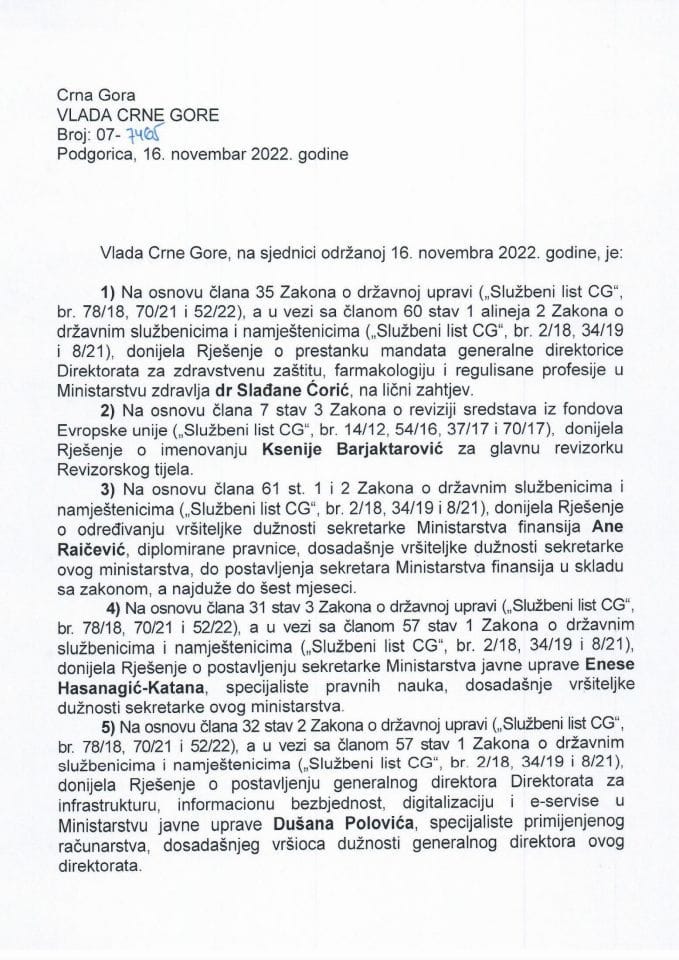 Kadrovska pitanja sa 29. sjednice Vlade Crne Gore - zaključci