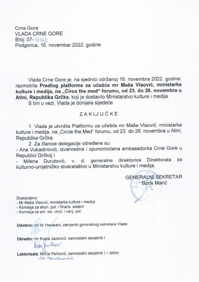 Predlog platforme za učešće mr Maše Vlaović, ministarke kulture i medija, na „Circle the Med“ forumu, od 23. do 26. novembra 2022. godine, Atina, Republika Grčka - zaključci