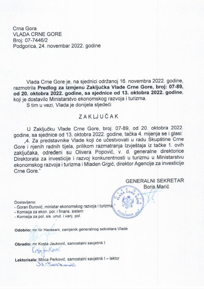 Predlog za izmjenu Zaključka Vlade Crne Gore, broj: 07-89, od 20. oktobra 2022. godine, sa sjednice od 13. oktobra 2022. godine - zaključci