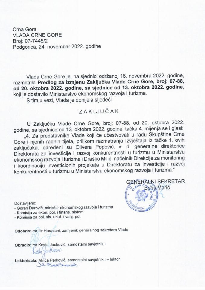 Predlog za izmjenu Zaključka Vlade Crne Gore, broj: 07-88, od 20. oktobra 2022. godine, sa sjednice od 13. oktobra 2022. godine - zaključci