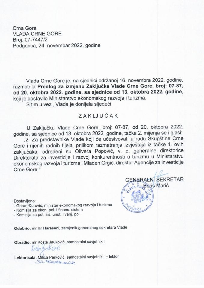 Predlog za izmjenu Zaključka Vlade Crne Gore, broj: 07-87, od 20. oktobra 2022. godine, sa sjednice od 13. oktobra 2022. godine - zaključci