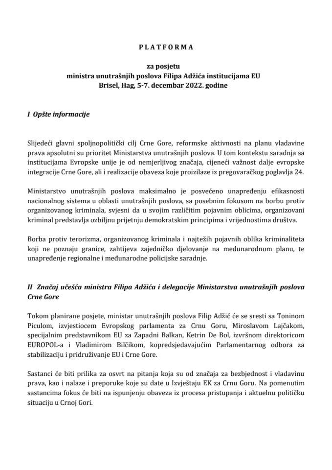 Predlog platforme za posjetu ministra unutrašnjih poslova Filipa Adžića institucijama EU, Brisel, Hag, 5-7. decembar 2022. godine