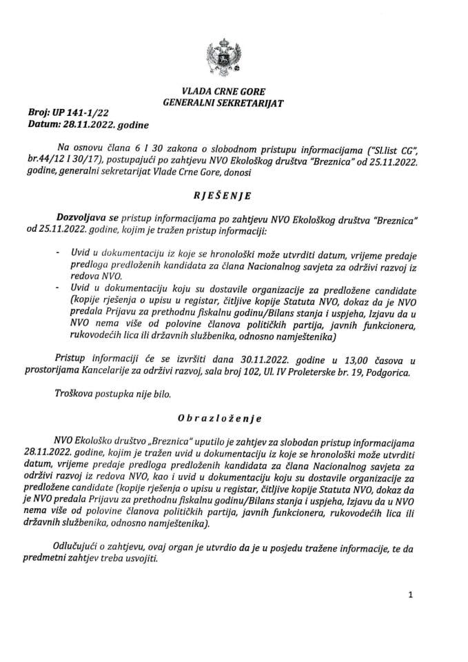Informacija kojoj je pristup odobren po zahtjevu NVO Ekološko društvo ,,Breznica" od 28.11.2022. godine – UP - 141-1/22