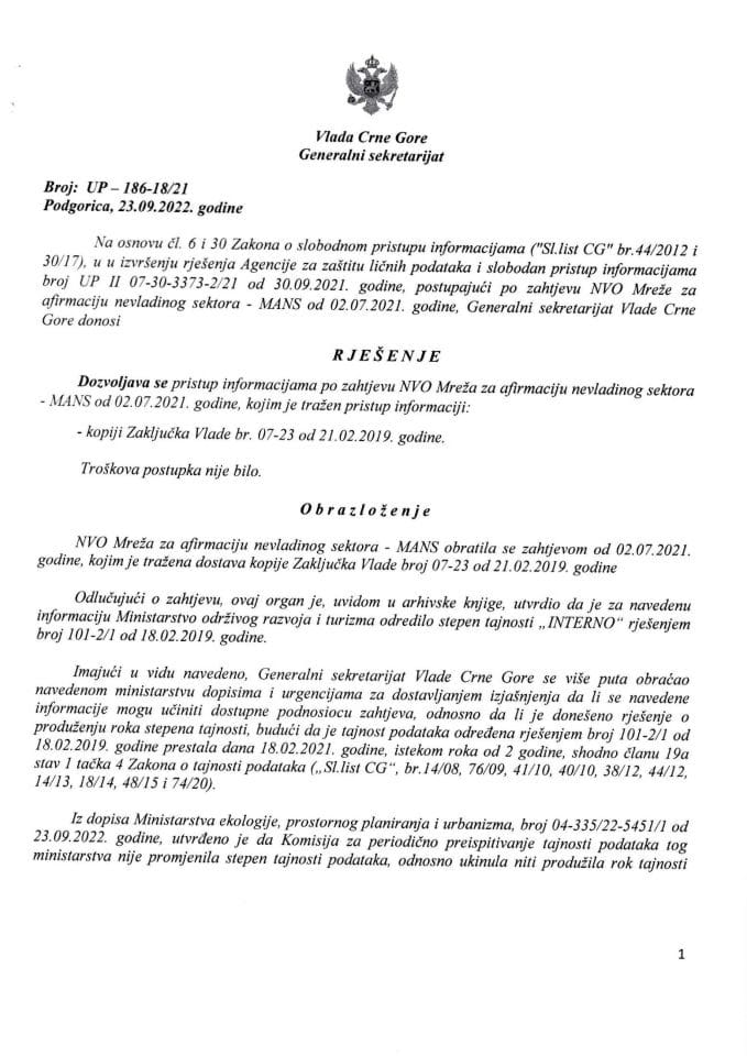 Informacija kojoj je pristup odobren po zahtjevu NVO Mreža za afirmaciju nevladinog sektora MANS od 02.07.2021. godine – UP - 186-18/21