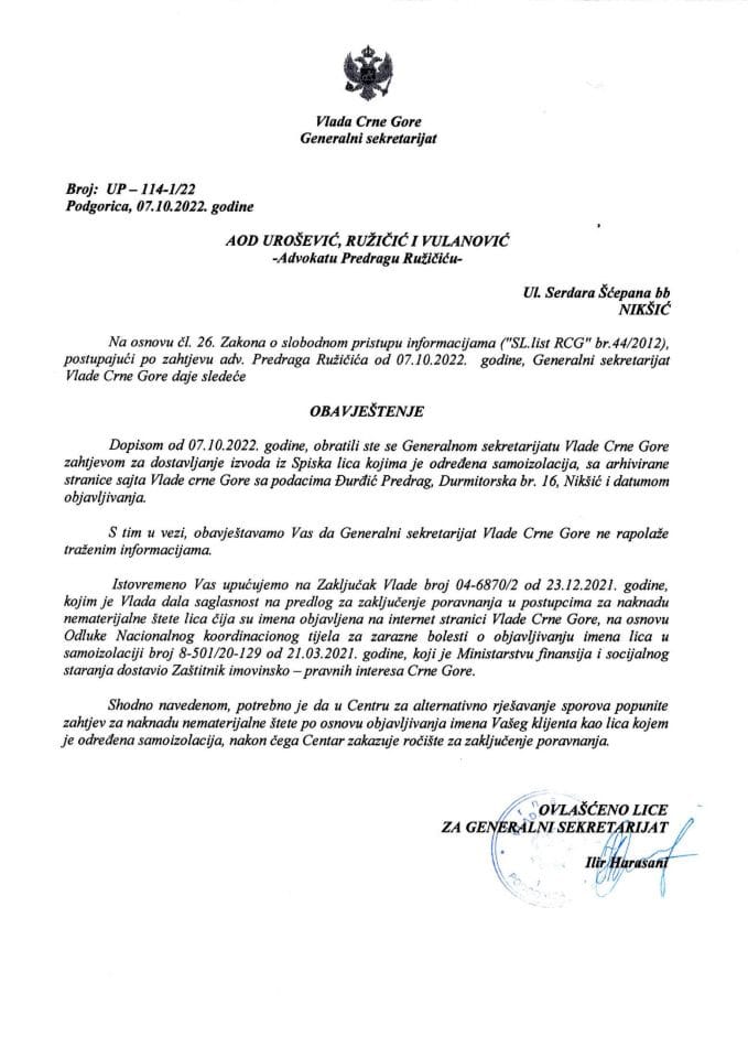Informacija po zahtjevu advokata Predraga Ružičića od 07.10.2022. godine – UP - 114-1/22