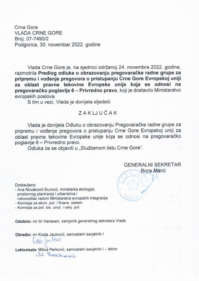 Предлог одлуке о образовању Преговарачке радне групе за припрему и вођење преговора о приступању Црне Горе Европској унији за област правне тековине Европске уније која се односи на преговарачко поглавље 6 - Привредно право - закључци