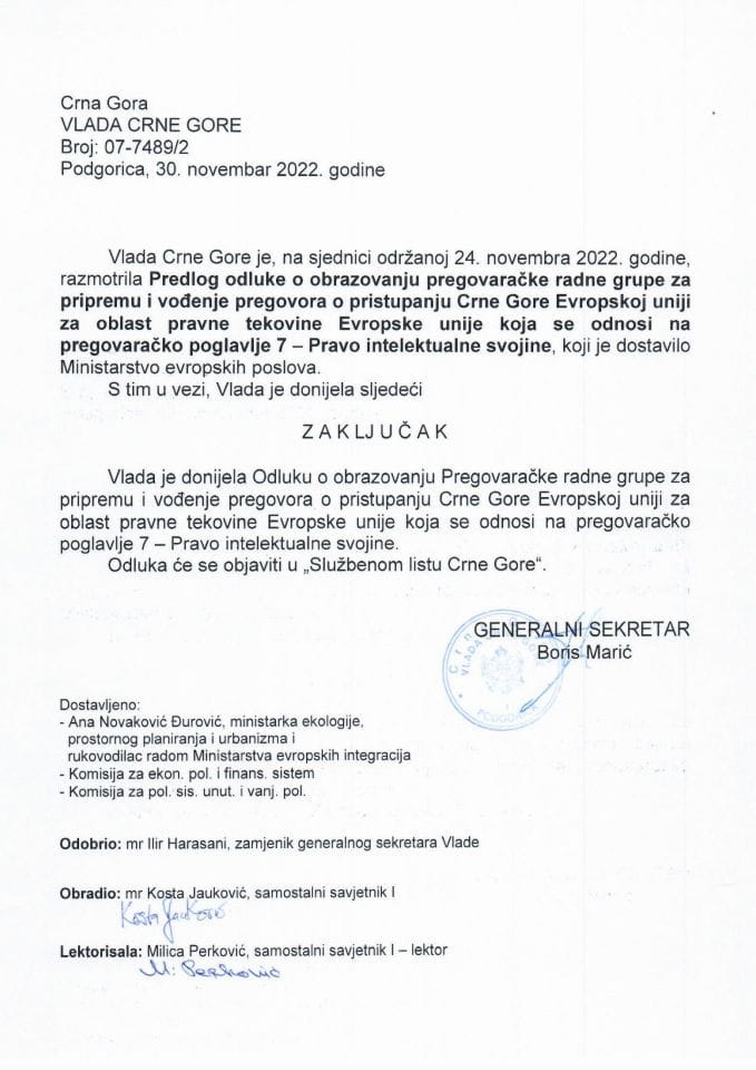 Предлог одлуке о образовању Преговарачке радне групе за припрему и вођење преговора о приступању Црне Горе Европској унији за област правне тековине Европске уније која се односи на преговарачко поглавље 7 - Право интелектуалне својине - закључци