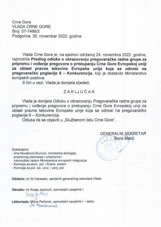 Predlog odluke o obrazovanju Pregovaračke radne grupe za pripremu i vođenje pregovora o pristupanju Crne Gore Evropskoj uniji za oblast pravne tekovine Evropske unije koja se odnosi na pregovaračko poglavlje 8 – Konkurencija - zaključci