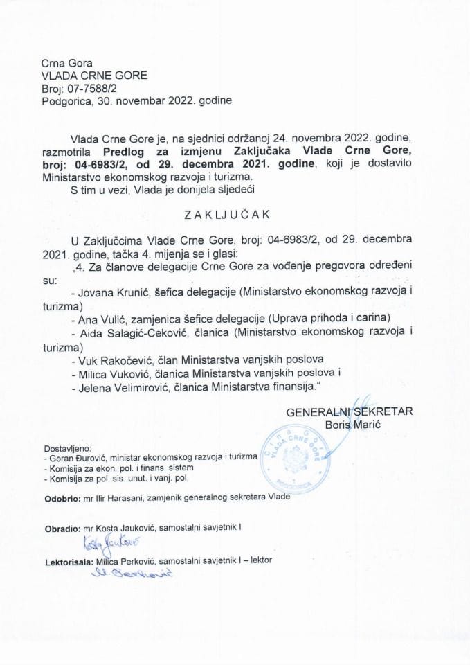 Predlog za izmjenu zaključaka Vlade Crne Gore, broj: 04-6983/2, od 29. decembra 2021. godine (bez rasprave) - zaključci