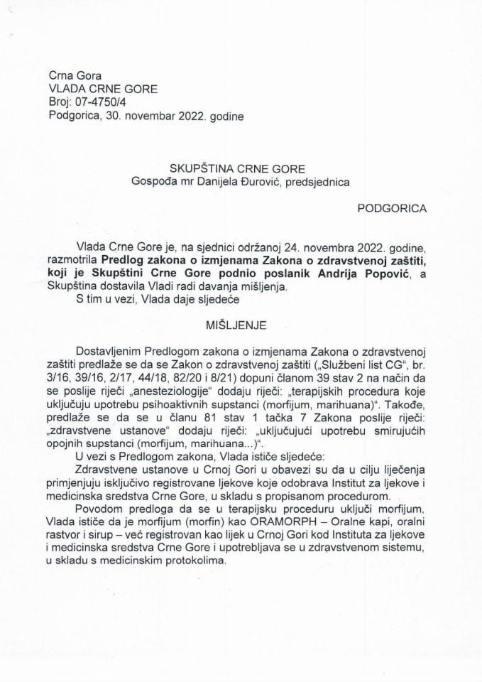 Predlog mišljenja na Predlog zakona o izmjenama Zakona o zdravstvenoj zaštiti (predlagač poslanik Andrija Popović) (bez rasprave) - zaključci