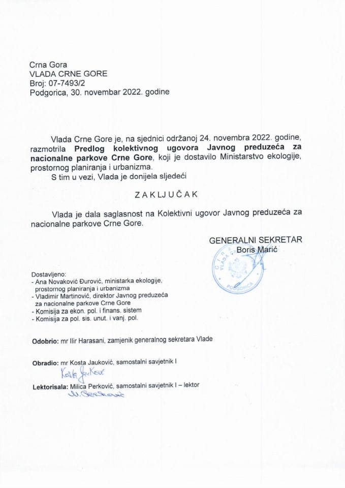 Predlog kolektivnog ugovora Javnog preduzeća za nacionalne parkove Crne Gore (bez rasprave) - zaključci