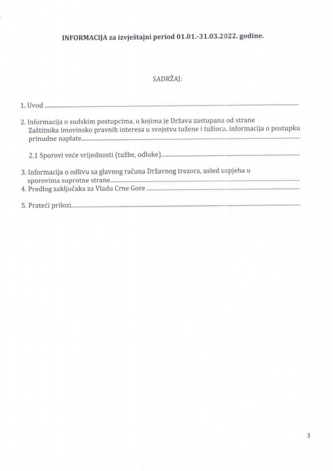 Информација за извјештајни период од 1. 1. 2022. године до 31. 3. 2022. године