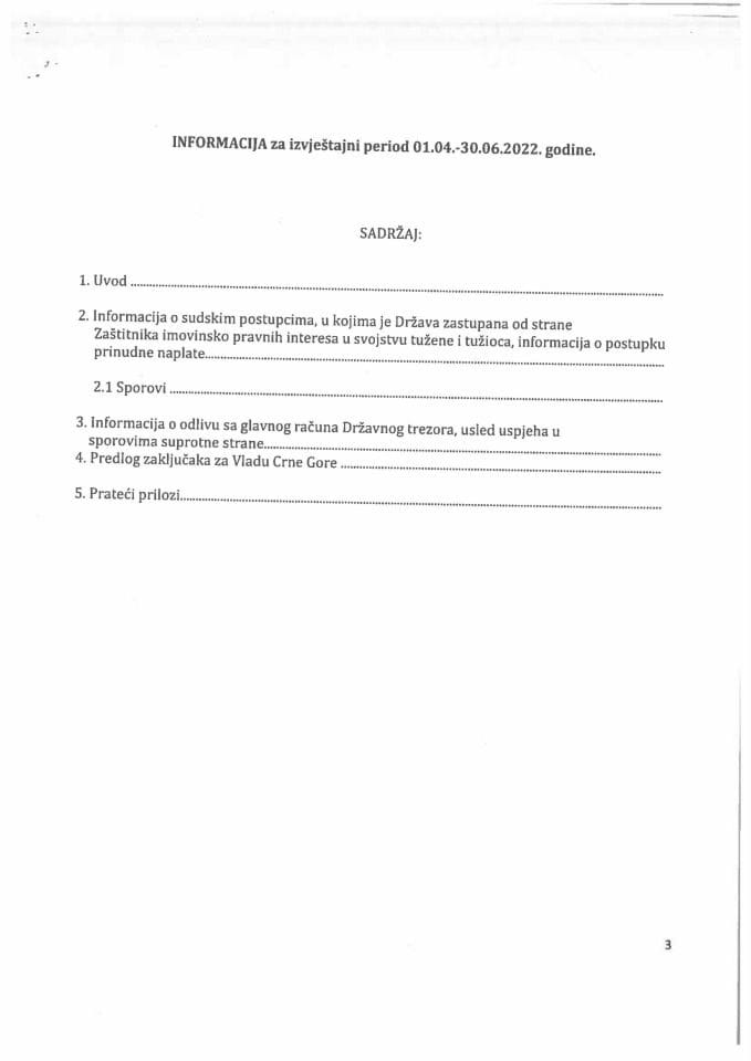 Информација за извјештајни период од 1. 4. 2022. године до 30. 6. 2022. године