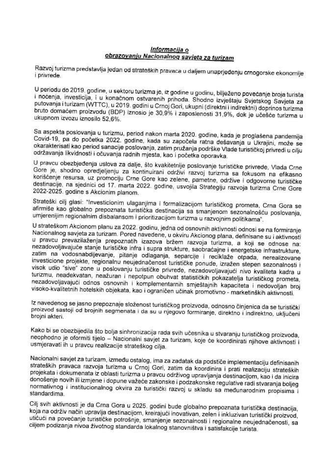 Информација о образовању Националног савјета за туризам са Предлогом одлуке о образовању Националног савјета за туризам