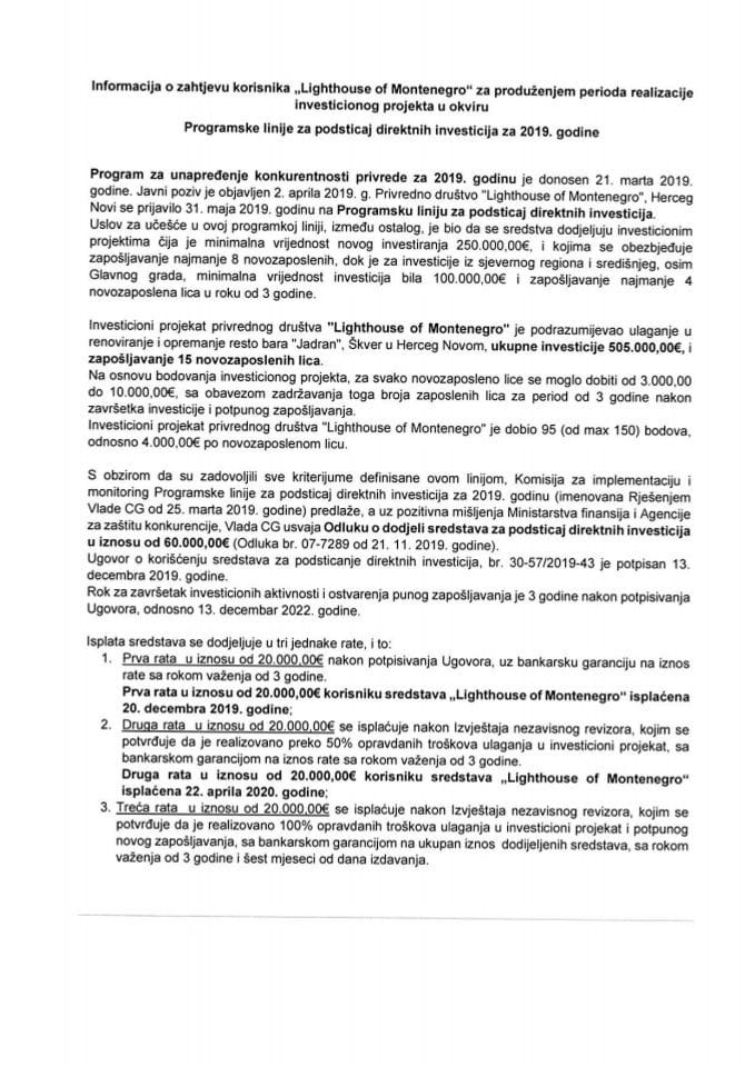 Информација о захтјеву корисника „Lighthouse of Montenegro“ за продужењем периода реализације инвестиционог пројекта у оквиру Програмске линије за подстицај директних инвестиција за 2019. годину с Предлогом анекса I