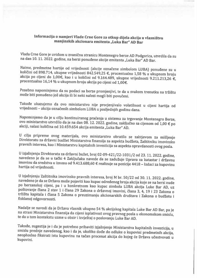 Информација о намјери Владе Црне Горе за откуп дијела акција у власништву мањинских акционара емитента "Лука Бар" АД Бар