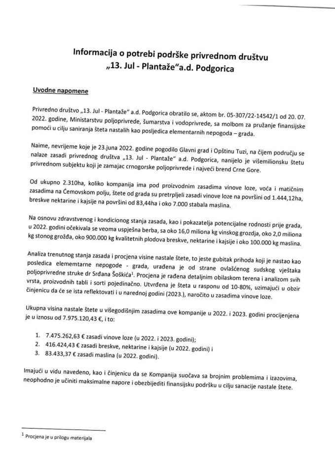 Информација о потреби подршке привредном друштву "13. јул - Плантаже" а.д. Подгорица