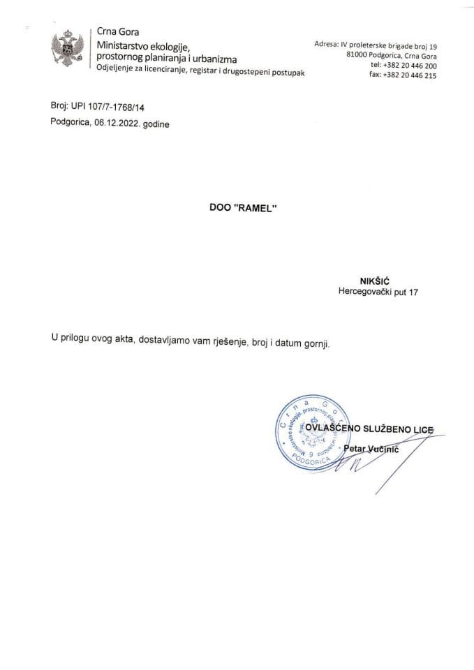 Licence projektanata i izvođača radova - UPI 107-7-1768-14 DOO RAMEL