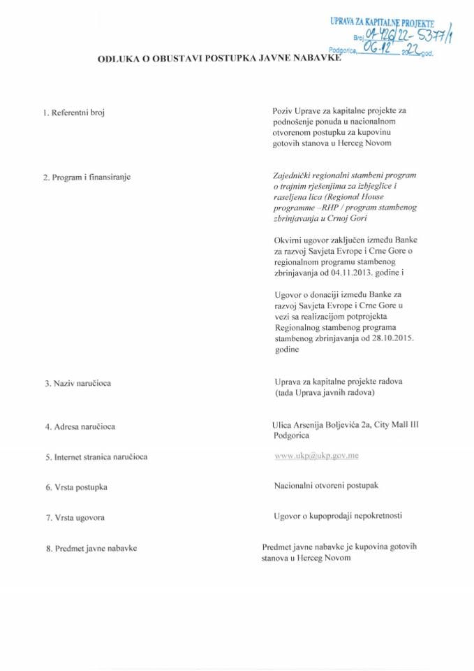 Одлука о обустави поступка Јавне набавке РХП МНЕ7 - куповина готових станова у Херцег Новом