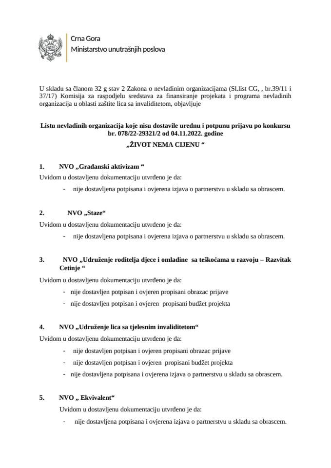 Lista NVO koje nisu dostavile potpunu dokumentaciju - Život nema cijenu
