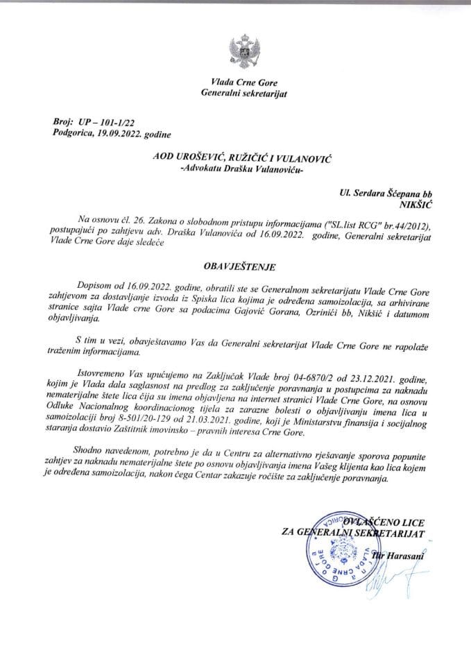 Информација којој је приступ одобрен по захтјеву адвоката Драшка Вулановића од 16.09.2022. године - УП-101-1/22