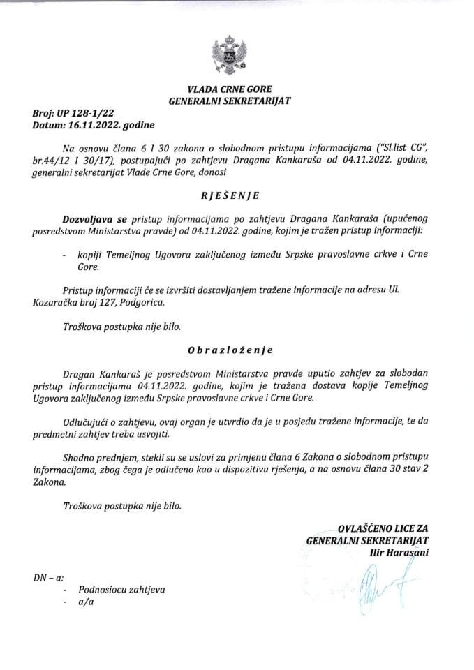 Информација којој је приступ одобрен по захтјеву адвоката Драгана Канкараша од 04.11.2022. године - УП-128-1/22
