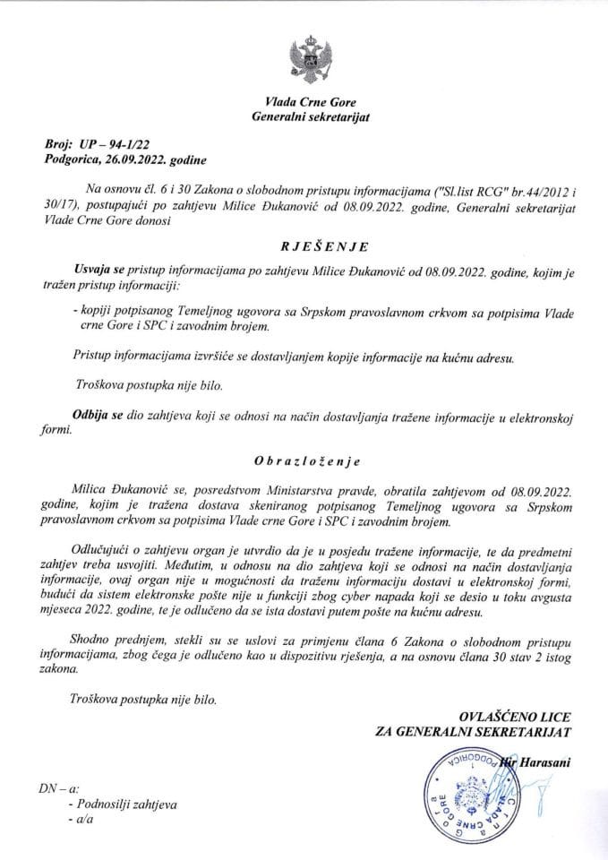 Информација којој је приступ одобрен по захтјеву Милице Ђукановић од 08.09.2022. године УП - 94-1/22