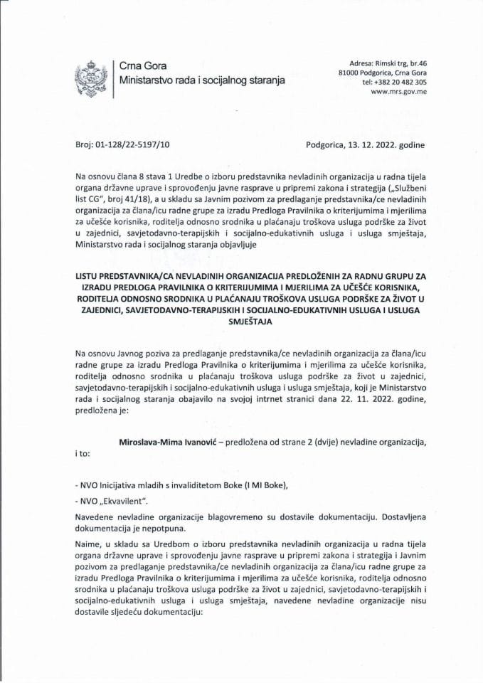 Lista predstavnika/ca NVO predloženih za radnu grupu