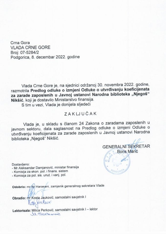 Predlog odluke o izmjeni Odluke o utvrđivanju koeficijenata za zarade zaposlenih u Javnoj ustanovi Narodna biblioteka „Njegoš“ Nikšić - zaključci