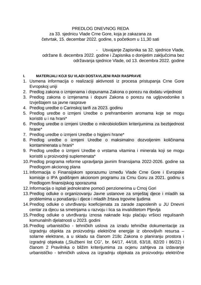Predlog dnevnog reda za 33. sjednicu Vlade Crne Gore