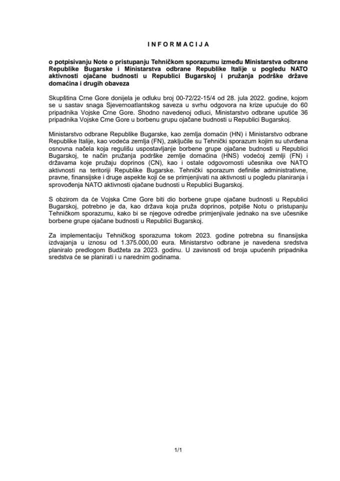 Informacija o potpisivanju Note o pristupanju Tehničkom sporazumu između Ministarstva odbrane Republike Bugarske i Ministarstva odbrane Republike Italije u pogledu NATO aktivnosti ojačane budnosti u Republici Bugarskoj