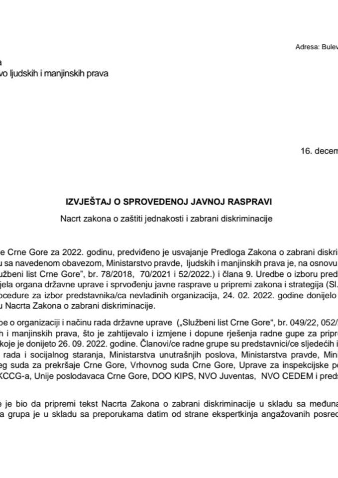 Извјештај са јавне расправе о Нацрту закона о заштити једнакости и забрани дискриминације
