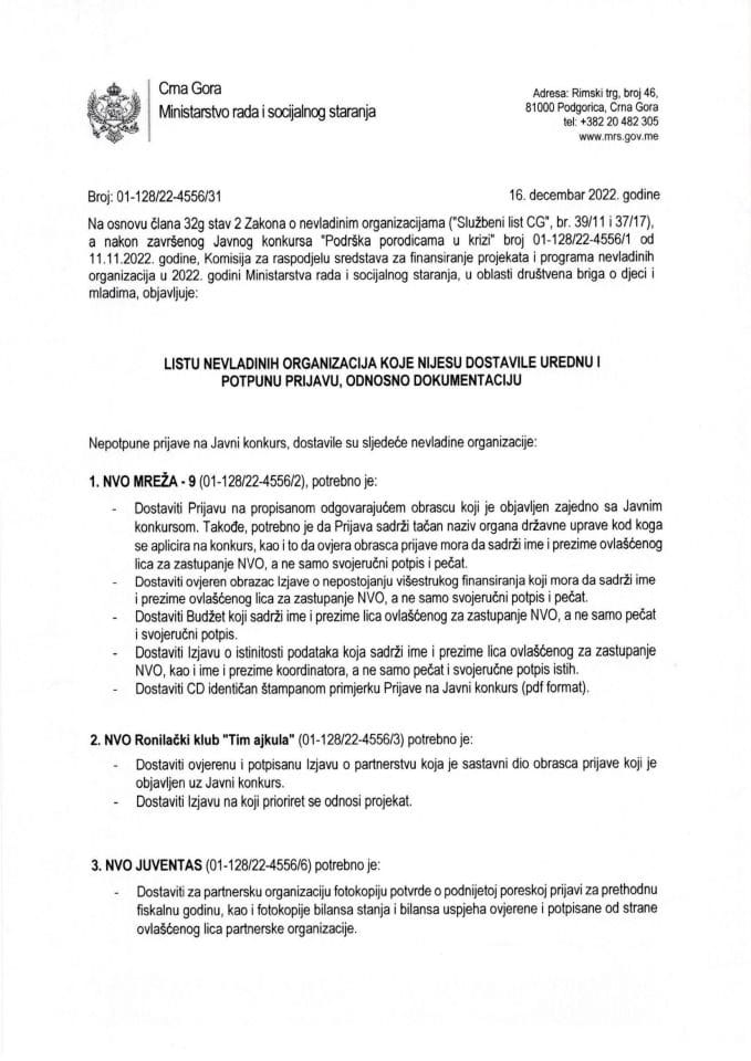 Листа НВО које нису доставиле уредну и потпуну пријаву, односно документацију по Јавном конкурсу "Подршка породицама у кризи"
