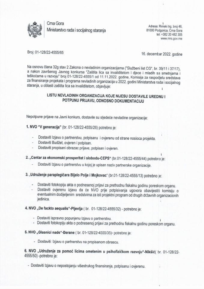 Листа НВО које нису доставиле уредну и потпуну пријаву, односно документацију по Јавном конкурсу "Заштита лица са инвалидитетом и дјеце и младих са сметњама и тешкоћама у развоју"