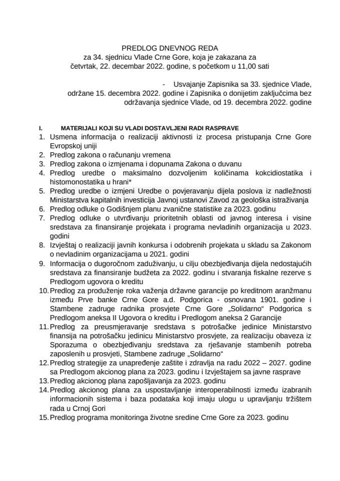 Predlog dnevnog reda za 34. sjednicu Vlade Crne Gore