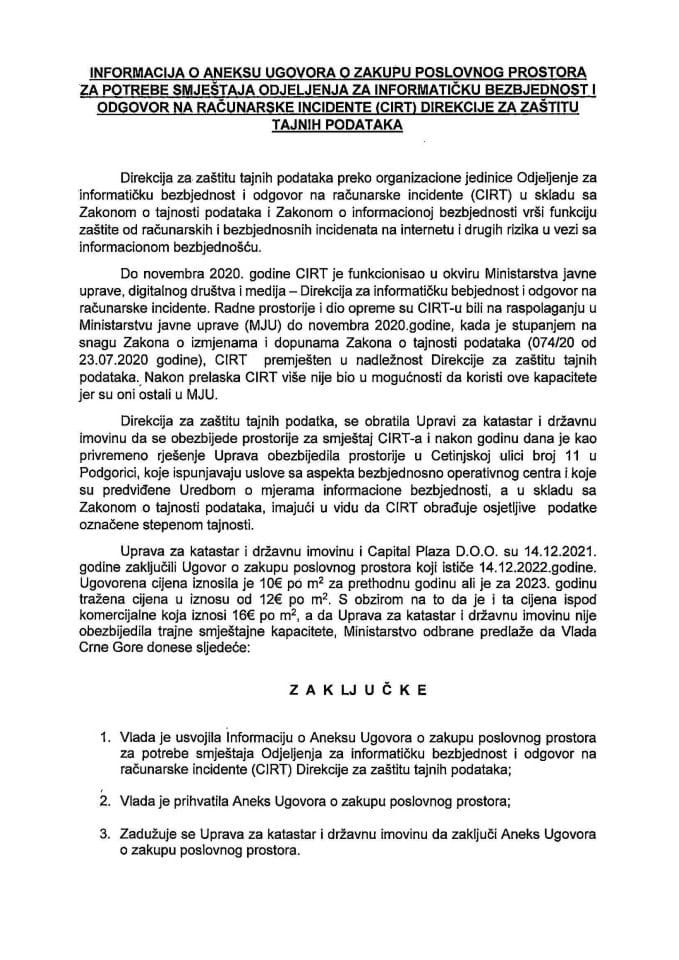 Informacija o aneksu Ugovora o zakupu poslovnog prostora za potrebe smještaja Odjeljenja za informatičku bezbjednost i odgovor na računarske incidente (CIRT) Direkcije za zaštitu tajnih podataka