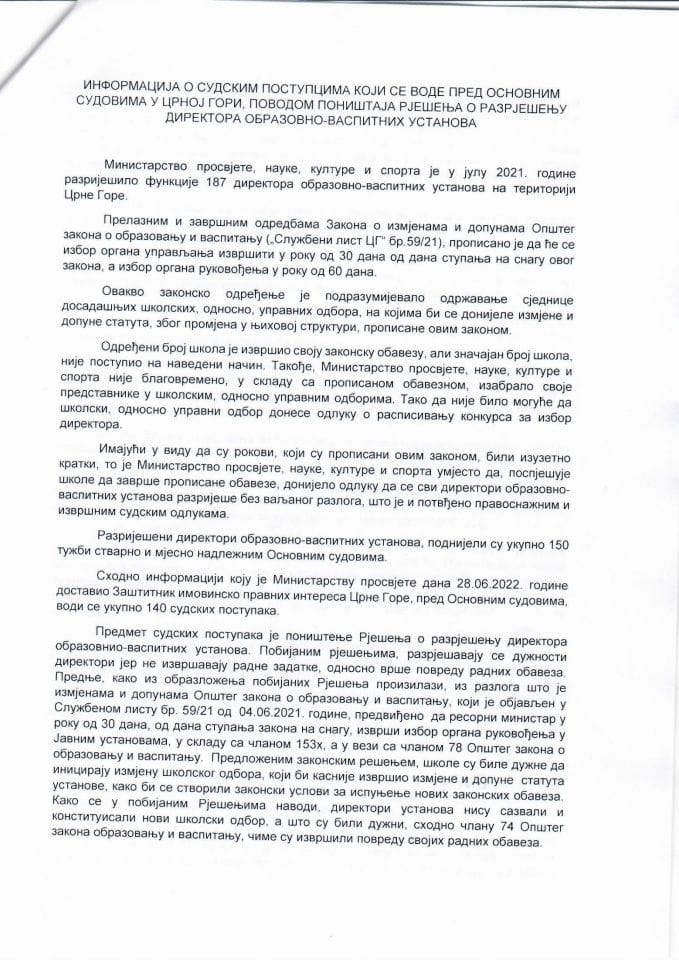 Информација о судским поступцима који се воде пред судовима у Црној Гори, поводом поништаја рјешења о разрјешењу директора образовно-васпитних установа