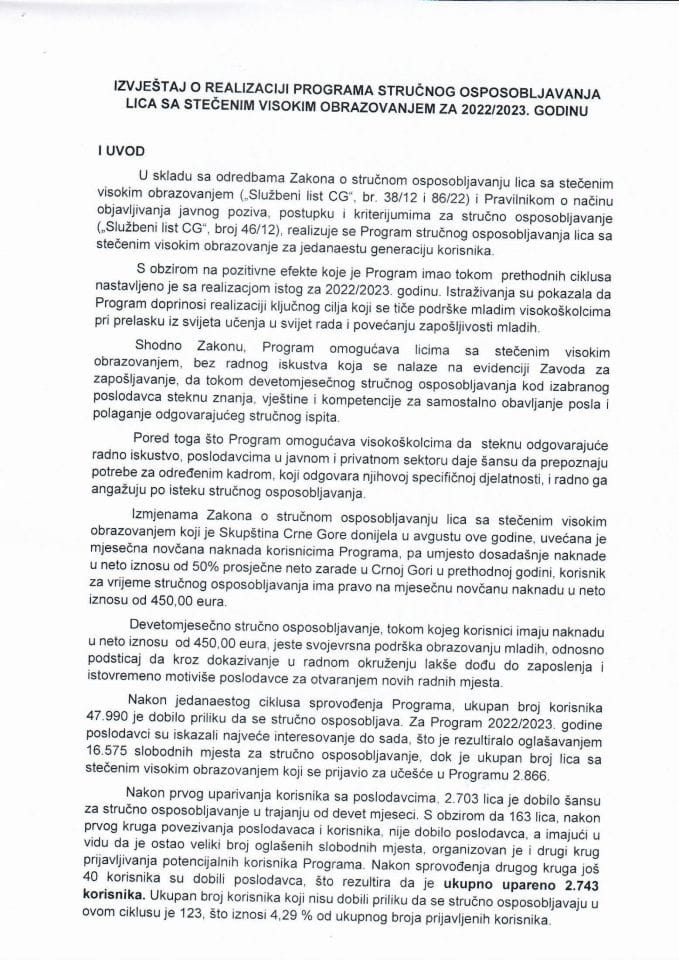 Извјештај о реализацији Програма стручног оспособљавања лица са стеченим високим образовањем за 2022/2023. годину