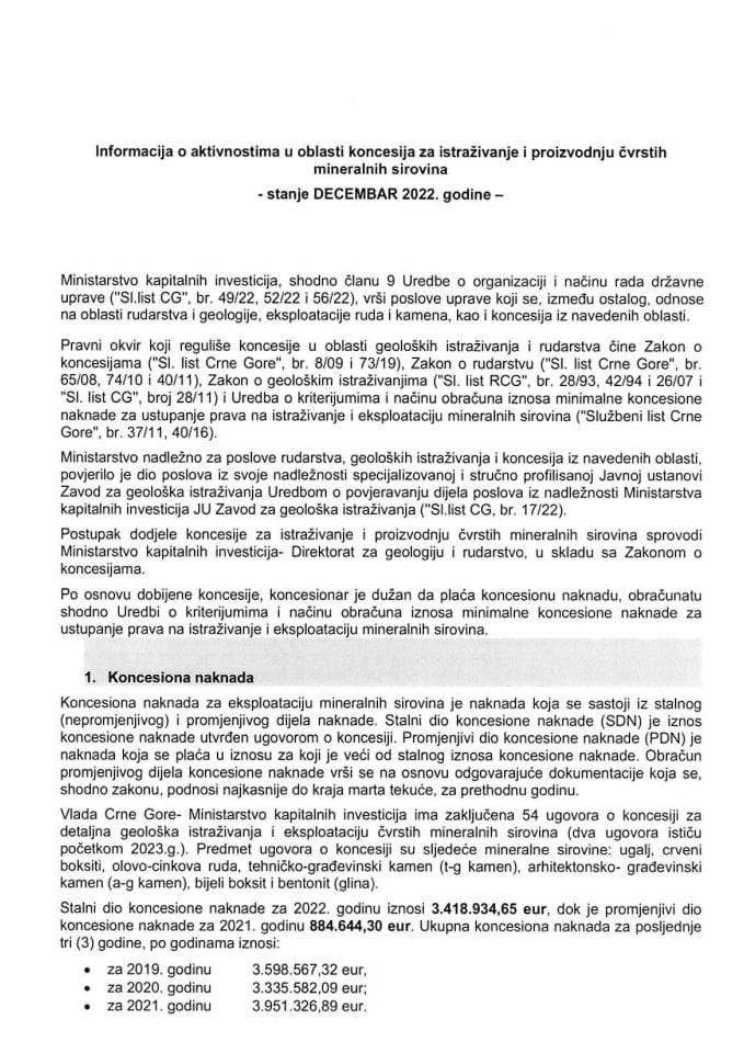 Informacija o aktivnostima u oblasti koncesija za istraživanje i proizvodnju čvrstih mineralnih sirovina