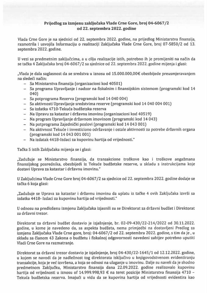 Predlog za izmjenu i dopunu zaključaka Vlade Crne Gore, broj: 07-6067/2, od 22. septembra 2022. godine