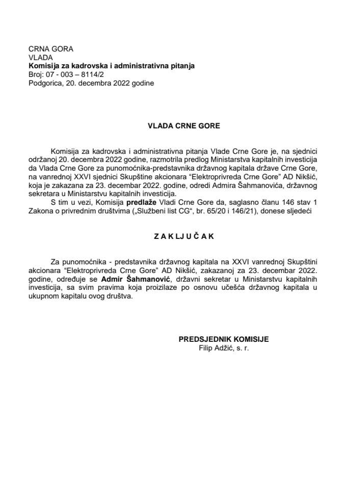 Predlog za određivanje punomoćnika-predstavnika državnog kapitala na XXVI vanrednoj Skupštini akcionara “Elektroprivreda Crne Gore” AD Nikšić