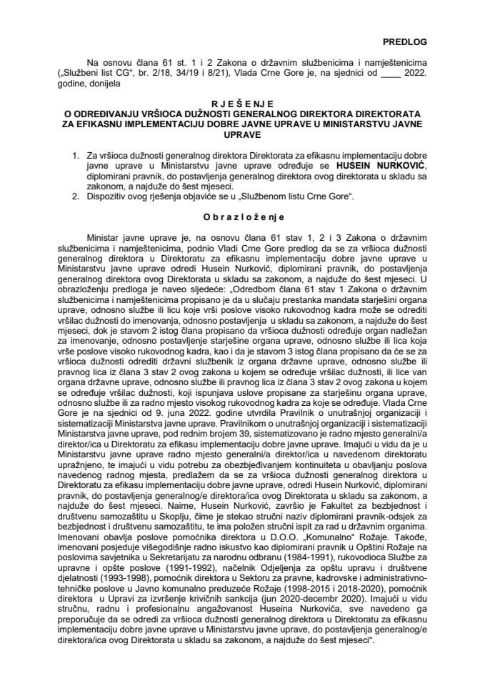 Predlog za određivanje vršioca dužnosti generalnog direktora Direktorata za efikasnu implementaciju dobre javne uprave u Ministarstvu javne uprave