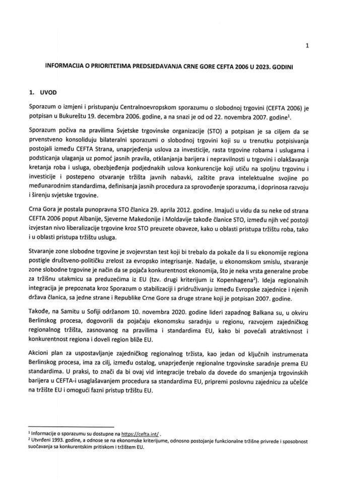 Informacija o prioritetima predsjedavanja Crne Gore CEFTA 2006 u 2023. godini (bez rasprave)