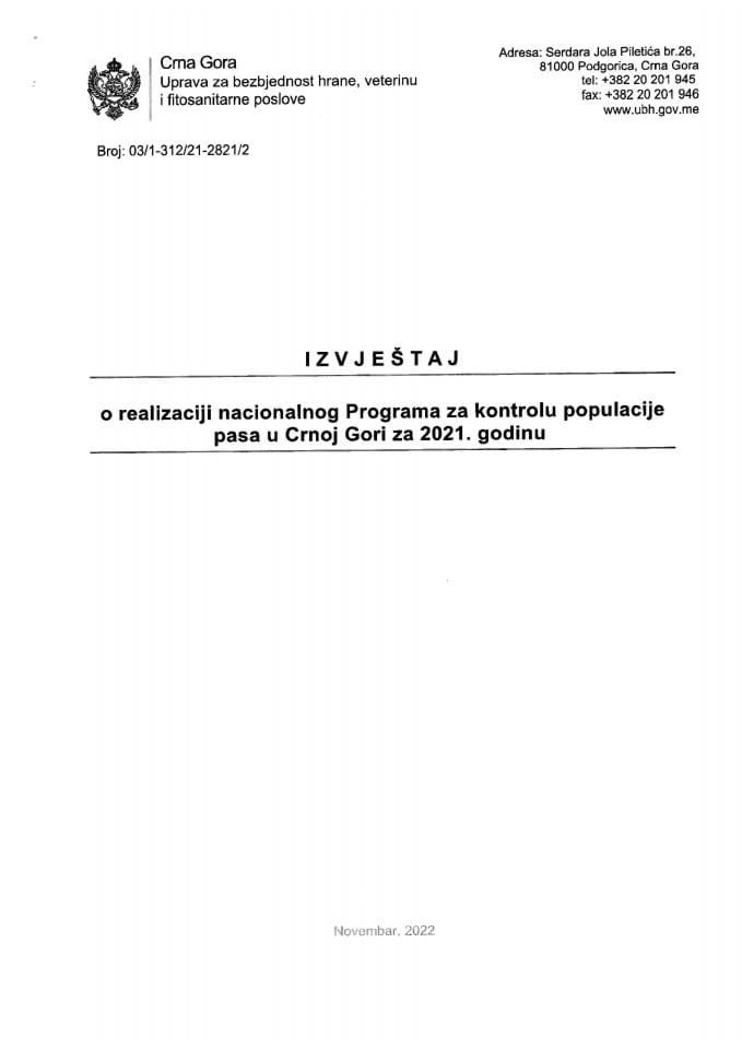 Izvještaj o realizaciji nacionalnog programa za kontrolu populacije pasa u Crnoj Gori za 2021. godinu (bez rasprave)