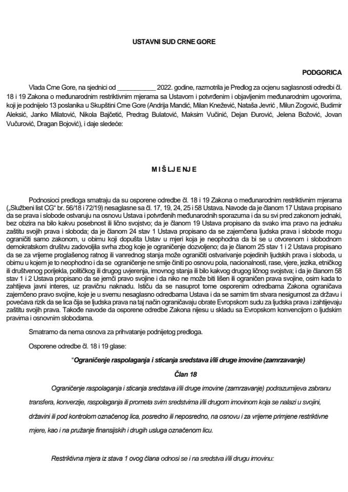 Predlog mišljenja na Predlog za ocjenu ustavnosti odredbi čl. 18 i 19 Zakona o međunarodnim restriktivnim mjerama („Službeni list CG“, br. 56/18 i 72/19) (bez rasprave)