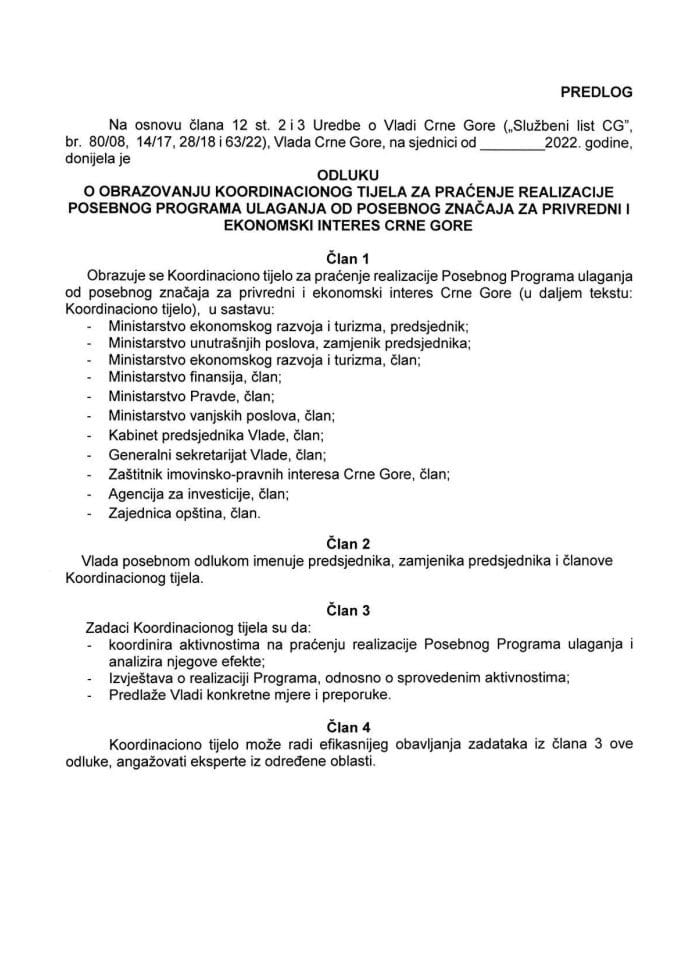 Predlog odluke o formiranju Koordinacionog tijela za Analizu „Posebnog Programa ulaganja od posebnog značaja za privredni i ekonomski interes Crne Gore“