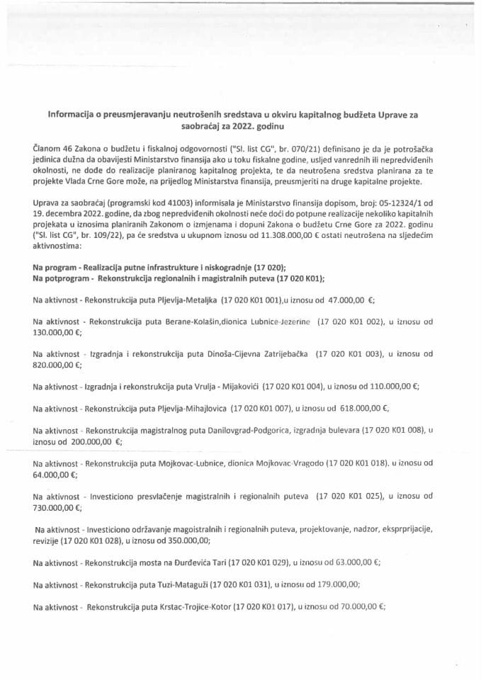 Informacija o preusmjeravanju neutrošenih sredstava u okviru kapitalnog budžeta Uprave za saobraćaj za 2022. godinu