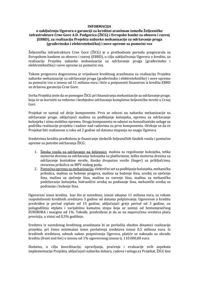 Informacija o zaključenju Ugovora o garanciji za kreditni aranžman između Željezničke infrastrukture Crne Gore A.D. Podgorica (ŽICG) i Evropske banke za obnovu i razvoj (EBRD), za realizaciju Projekta nabavke mehanizacije za održavanje pruga